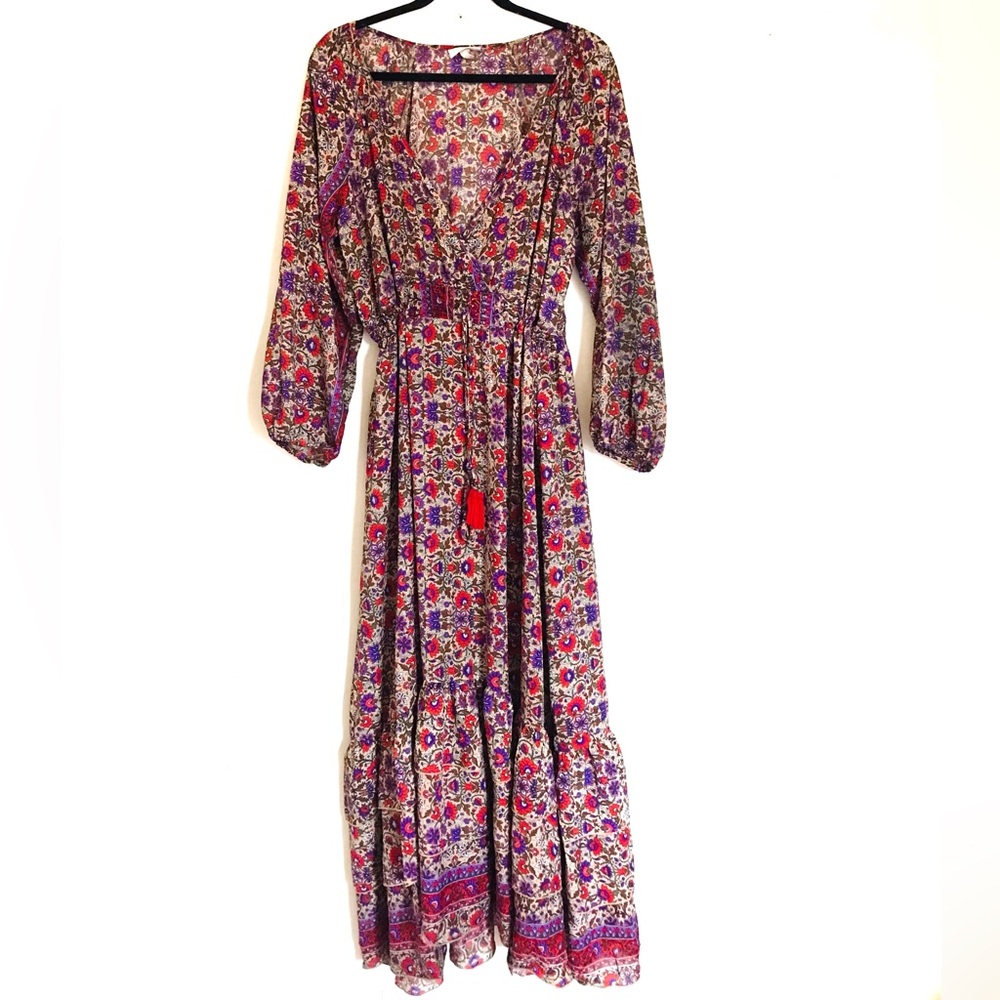 Anthropologie Boemo Floral Smocked Waist Maxi Dress in Purple Red L